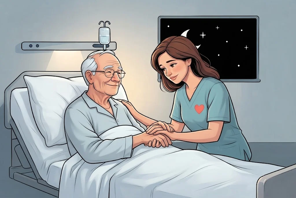 Ilustración: una cuidadora sentada junto a la cama de un señor mayor, dándole la mano, de noche en una habitación de hospital