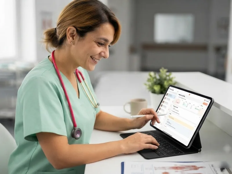 Una profesional con uniforme verde sonríe mientras consulta una tablet en su mesa de trabajo.